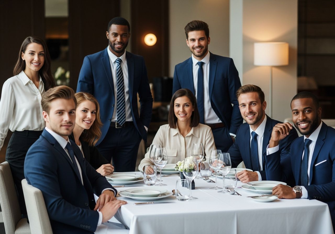 Skupina profesionálů v elegantním oblečení u stolu během firemní večeře v moderní restauraci.