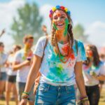 Mladá žena na barevném festivalu s barevným práškem a květinovou korunou, usmívá se radostně
