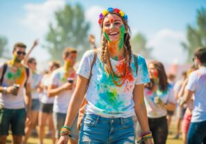 Mladá žena na barevném festivalu s barevným práškem a květinovou korunou, usmívá se radostně