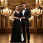 Elegantní pár v plesových šatech v luxusním sále s křišťálovými lustry a zlatými dekoracemi
