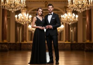 Elegantní pár v plesových šatech v luxusním sále s křišťálovými lustry a zlatými dekoracemi