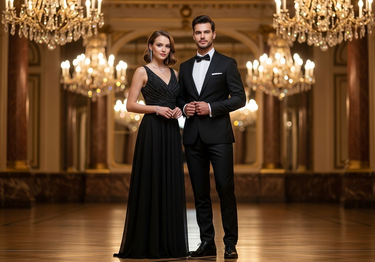 Elegantní pár v plesových šatech v luxusním sále s křišťálovými lustry a zlatými dekoracemi