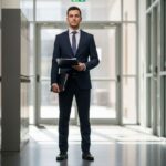 Mladý profesionál v tmavém obleku připravený na obhajobu inženýrské práce na univerzitě