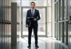 Mladý profesionál v tmavém obleku připravený na obhajobu inženýrské práce na univerzitě
