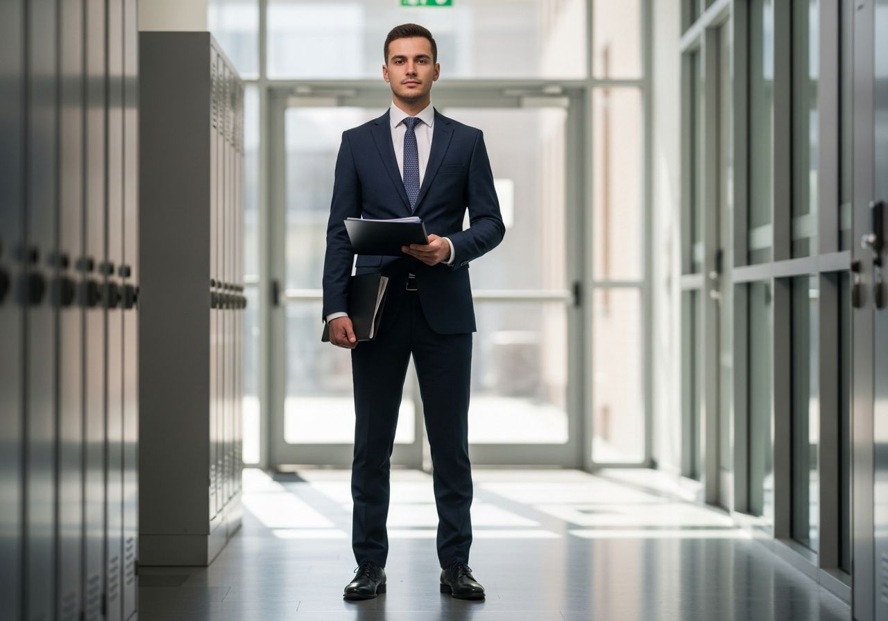 Mladý profesionál v tmavém obleku připravený na obhajobu inženýrské práce na univerzitě