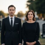 Muž a žena v černém oblečení stojí před rozmazaným hřbitovem při pozdním odpoledni