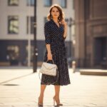 Stylová žena v tmavě modrých šatech s bílými puntíky ve slunné městské scenérii s doplňky.