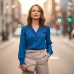 Stylová žena v modré blůze stojí na městské ulici za zlaté hodiny, celkový záběr, rozostřené pozadí.