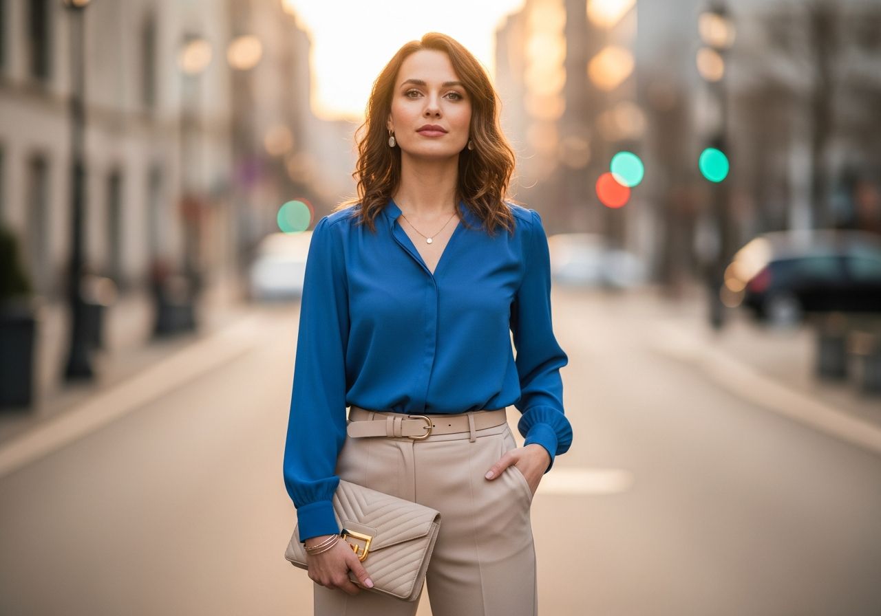 Stylová žena v modré blůze stojí na městské ulici za zlaté hodiny, celkový záběr, rozostřené pozadí.