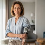 Středně věková žena u okna s Holterem tlaku krve na paži v moderním obývacím pokoji