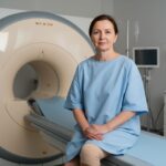 Žena sedící na vyšetřovacím stole v nemocničním plášti před MRI přístrojem v klinické místnosti