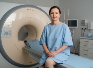 Žena sedící na vyšetřovacím stole v nemocničním plášti před MRI přístrojem v klinické místnosti