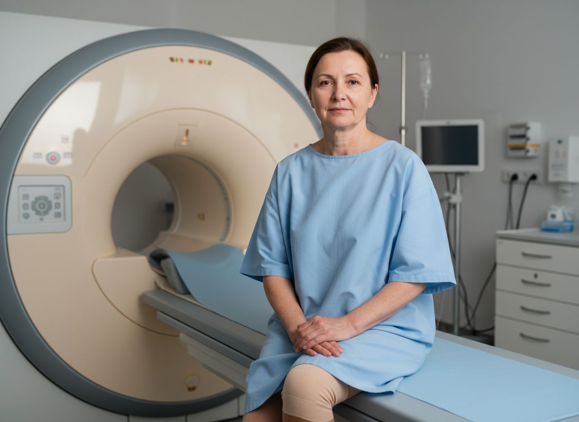 Žena sedící na vyšetřovacím stole v nemocničním plášti před MRI přístrojem v klinické místnosti