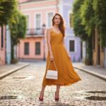 Žena v žlutých šatech a červených podpatcích na dlážděné ulici s rozmazaným městským pozadím