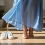 Žena ve světle modrých šatech stojí na dřevěné podlaze vedle bílých tenisek a béžových podpatků