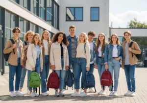 Skupina teenagerů před školou v podzimním oblečení se školními batohy na slunečné ráno