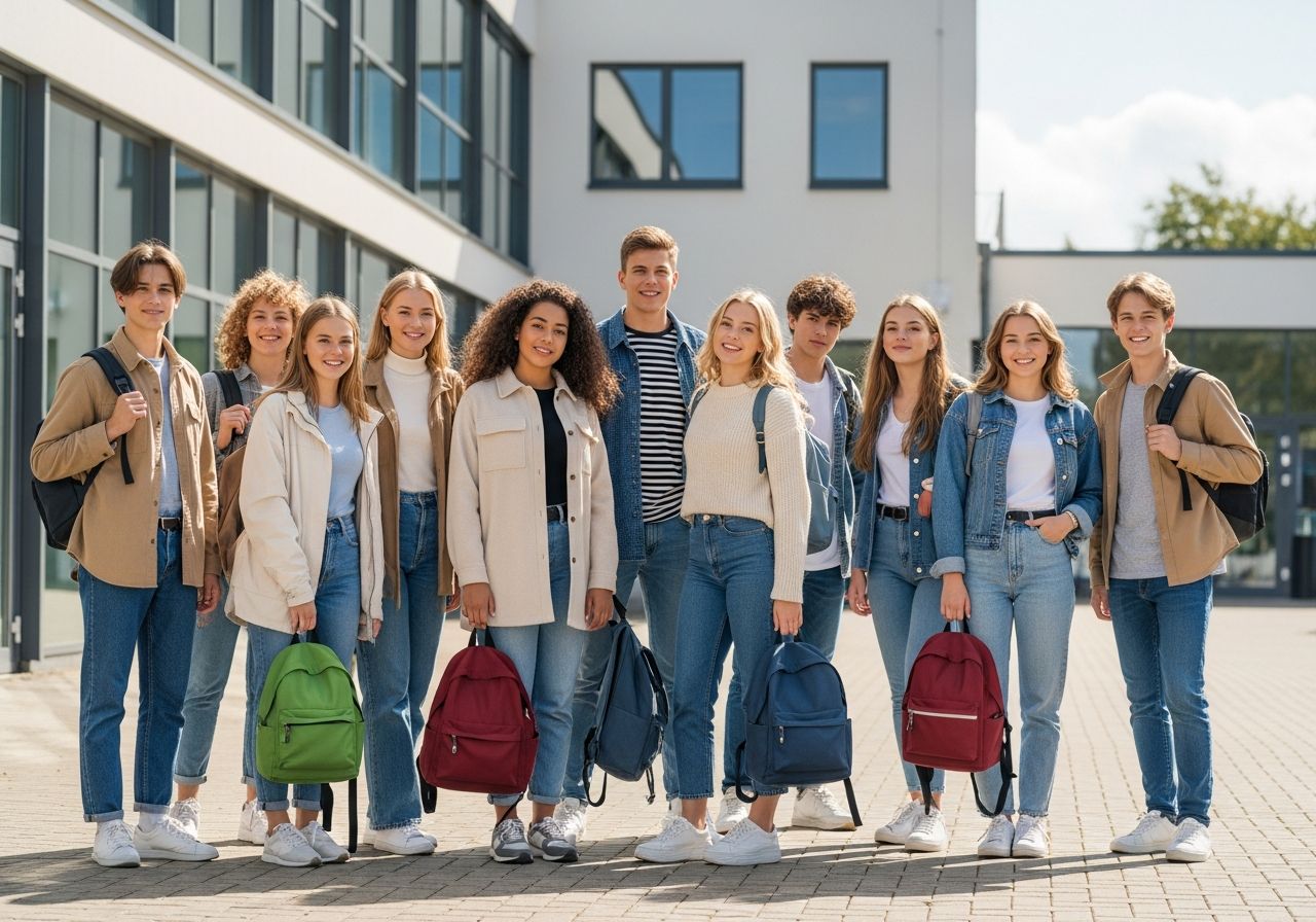 Skupina teenagerů před školou v podzimním oblečení se školními batohy na slunečné ráno