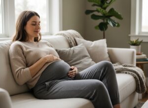 Těhotná žena sedí pohodlně na pohovce v teplácích, osvětlená přirozeným světlem z okna.