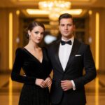 Elegantní pár v černém večerním oděvu stojí na gala akci ve zlatém interiéru