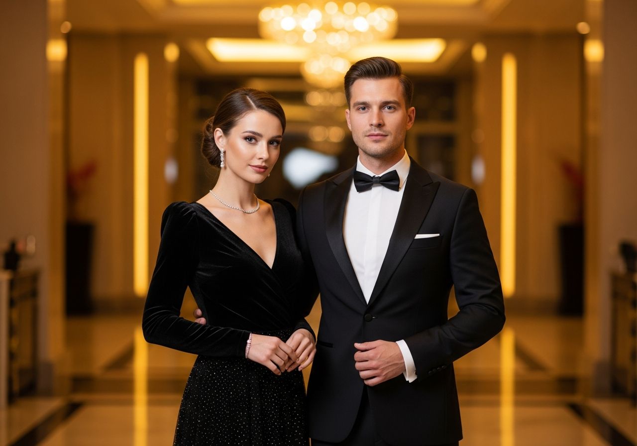 Elegantní pár v černém večerním oděvu stojí na gala akci ve zlatém interiéru