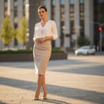 Žena v béžové sukni a bílé košili stojí ve městě během zlaté hodiny s rozostřeným pozadím.