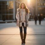 Stylová žena v kožichu a svetru ve městě při zlaté hodině, zaměřená na módu a pohodlí.
