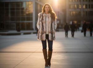 Stylová žena v kožichu a svetru ve městě při zlaté hodině, zaměřená na módu a pohodlí.