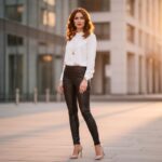 Žena v černých kožených legínách a bílém topu stojí ve městě za zlaté hodiny.