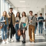 Skupina teenagerů ve školní chodbě v ležérním oblečení, denní světlo a batohy přes ramena