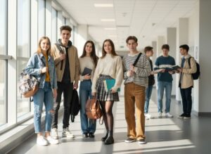Skupina teenagerů ve školní chodbě v ležérním oblečení, denní světlo a batohy přes ramena