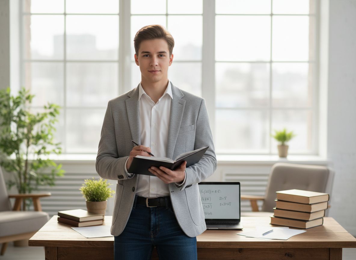 Mladý student v moderní studovně připravuje se na zkoušku s notebookem a knihami u stolu