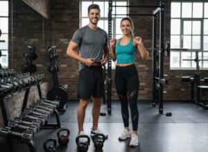 Mladý muž a žena v sportovním oblečení při přípravě na trénink v moderní posilovně.
