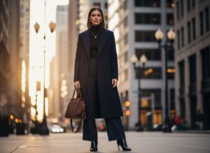 Stylová žena v tmavě modrém kabátu na městské ulici při zlaté hodině s koženou kabelkou.