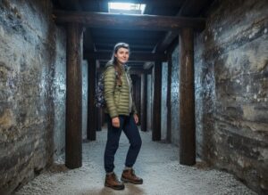 Mladá žena ve vstupu do solného dolu Wieliczka v praktickém oblečení připravená k průzkumu.