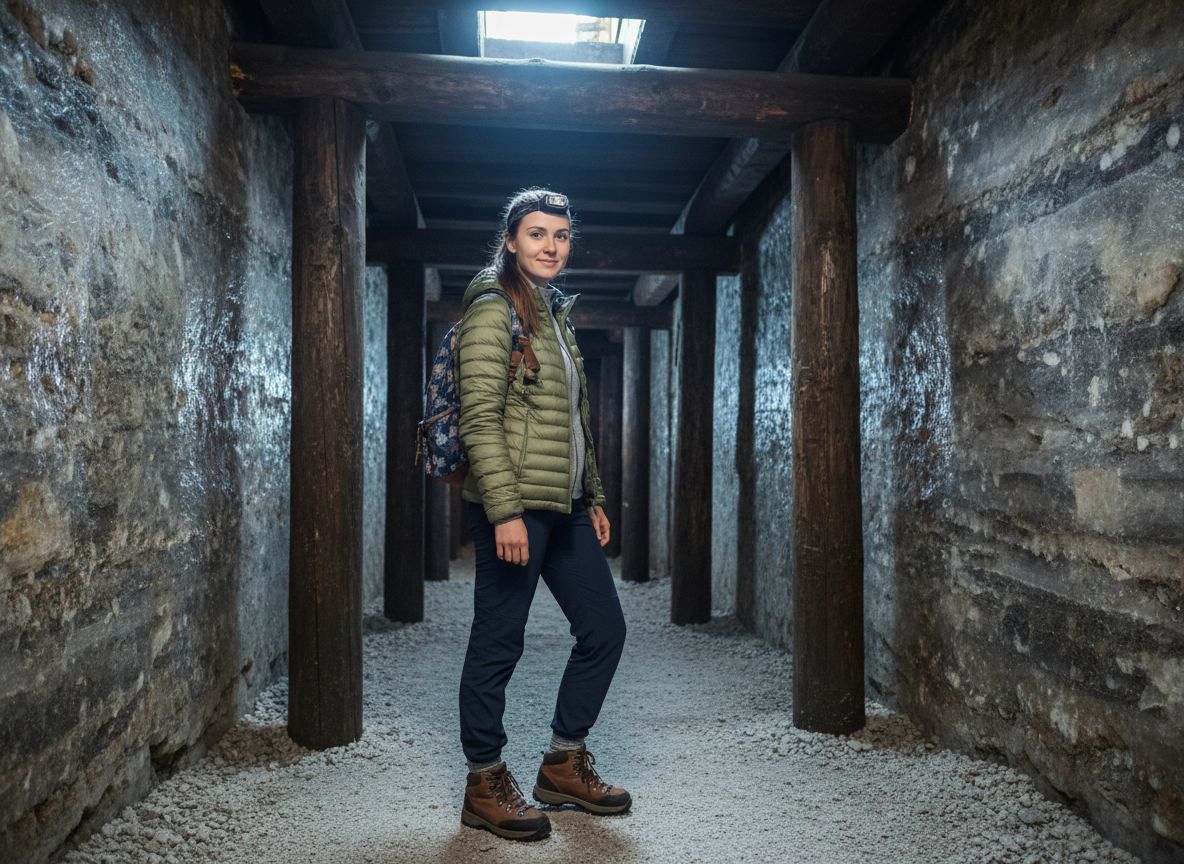 Mladá žena ve vstupu do solného dolu Wieliczka v praktickém oblečení připravená k průzkumu.