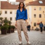 Žena v modré košili a béžových kalhotách stojí na městské ulici za denního světla.