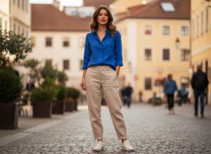 Žena v modré košili a béžových kalhotách stojí na městské ulici za denního světla.
