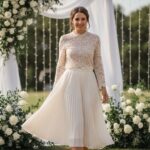 Žena v elegantní midi sukni a blůze na venkovní svatbě, obklopená zelení a dekoracemi.