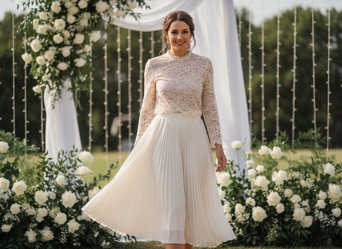 Žena v elegantní midi sukni a blůze na venkovní svatbě, obklopená zelení a dekoracemi.