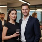 Muž a žena v elegantním oblečení na firemní party v moderním prostoru s dalšími hosty v pozadí