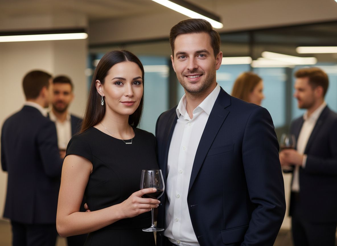 Muž a žena v elegantním oblečení na firemní party v moderním prostoru s dalšími hosty v pozadí