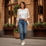 Žena v boyfriend džínách, bílém tričku a saku kombinuje ležérní a elegantní městský styl.