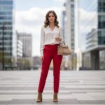 Mladá žena v červených kalhotách a bílé blůze na ulici města s béžovou kabelkou.