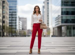 Mladá žena v červených kalhotách a bílé blůze na ulici města s béžovou kabelkou.