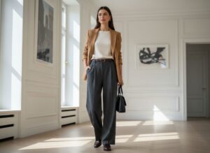 Žena kombinuje kalhoty s vysokým pasem se zastrčeným topem a krátkým sakem.
