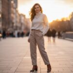 Žena v béžovém roláku a kalhotách stojí ve městě během zlaté hodiny, přirozený vzhled a volné vlasy.