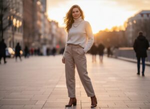 Žena v béžovém roláku a kalhotách stojí ve městě během zlaté hodiny, přirozený vzhled a volné vlasy.
