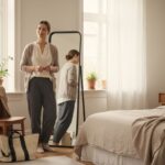 Žena si před návštěvou gynekologa kontroluje pohodlné oblečení v zrcadle.