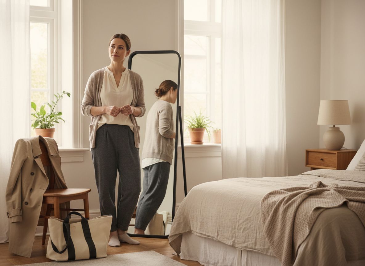 Žena si před návštěvou gynekologa kontroluje pohodlné oblečení v zrcadle.