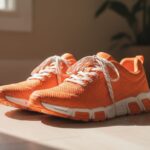 Oranžové tenisky na světlé dřevěné podlaze s přirozeným světlem a jemnými stíny.
